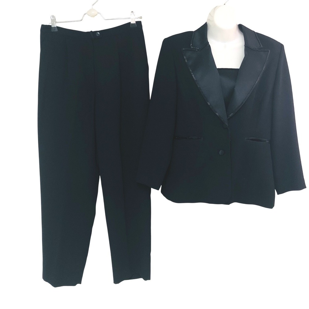 Studio I Tuxedo Pant Suit Women 8P Black Satin Trim Beaded Wedding Formal Career